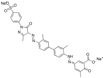 disodium (3Z)-5-methyl-3-[[2-methyl-4-[3-methyl-4-[[3-methyl-5-oxo-1-(4-sulfonatophenyl)-4H-pyrazol-4-yl]diazenyl]phenyl]phenyl]hydrazinylidene]-6-oxo-cyclohexa-1,4-diene-1-carboxylate 结构式