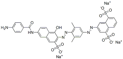 3-[[4-[[6-[(4-Aminobenzoyl)amino]-1-hydroxy-3-sulfo-2-naphtyl]azo]-3,5-dimethylphenyl]azo]-1,5-naphthalenedisulfonic acid trisodium salt 结构式