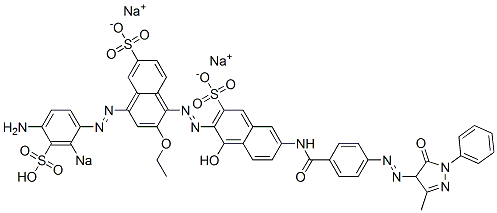 4-[(4-Amino-2-sodiosulfophenyl)azo]-2-ethoxy-1'-hydroxy-6'-[[4-[(4,5-dihydro-3-methyl-5-oxo-1-phenyl-1H-pyrazol-4-yl)azo]benzoyl]amino][1,2'-azobisnaphthalene]-3',6-disulfonic acid disodium salt 结构式