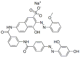 4-Hydroxy-7-[[3-[[4-[(2,4-dihydroxyphenyl)azo]benzoyl]amino]benzoyl]amino]-3-[(2-methoxyphenyl)azo]naphthalene-2-sulfonic acid sodium salt 结构式