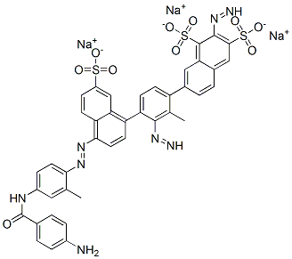 trisodium 7-[4-[4-[4-[(4-aminobenzoyl)amino]-2-methyl-phenyl]diazenyl- 7-sulfonato-naphthalen-1-yl]diazenyl-2-methyl-phenyl]diazenylnaphthale ne-1,3-disulfonate 结构式