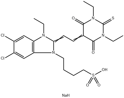 sodium 5,6-dichloro-2-[(1,3-diethyltetrahydro-4,6-dioxo-2-thioxo-(2H)-pyrimidin-5-ylidene)ethylidene]-3-ethyl-2,3-dihydro-1H-benzimidazole-1-butanesulphonate 结构式
