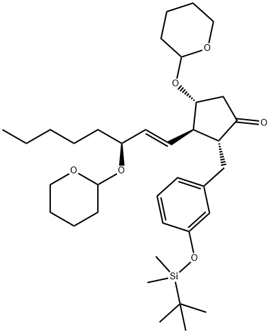 环戊酮,2-[[3-[[(1,1-二甲基乙基)二甲基硅烷基]氧基]苯基]甲基]-4-[(四氢-2H-吡喃-2-基)氧基]-1-辛烯-1-基]-,(2R,3R,4R) 结构式