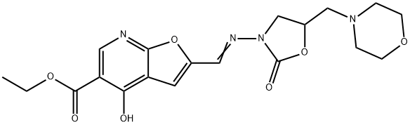 4-Hydroxy-2-[[[5-(4-morpholinylmethyl)-2-oxo-3-oxazolidinyl]imino]methyl]furo[2,3-b]pyridine-5-carboxylic acid ethyl ester 结构式