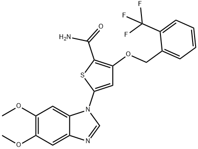 3-[2-(三氟甲基)苄氧基]-5-(5,6-二甲氧基-1H-苯并[D]咪唑-1-基)-2-噻吩甲酰胺 结构式