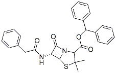 (6R)-6-(Benzylcarbonylamino)-3,3-dimethyl-7-oxo-4-thia-1-azabicyclo[3.2.0]heptane-2-carboxylic acid diphenylmethyl ester 结构式