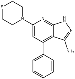 5-phenyl-3-thiomorpholin-4-yl-2,8,9-triazabicyclo[4.3.0]nona-2,4,6,9-t etraen-7-amine 结构式