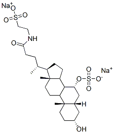 disodium 2-[[(4R)-4-[(3R,5S,7R,10S,13R,17R)-3-hydroxy-10,13-dimethyl-7-sulfonatooxy-2,3,4,5,6,7,8,9,11,12,14,15,16,17-tetradecahydro-1H-cyclopenta[a]phenanthren-17-yl]pentanoyl]amino]ethanesulfonate 结构式