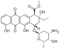 1-Naphthacenecarboxylic acid, 1,2,3,4,6,11-hexahydro-6,11-dioxo-2-ethy l-4-((2,3,6-trideoxy-3-amino-alpha-L-lyxo-hexopyranosyl)oxy)-2,5,7-tri hydroxy-, methyl ester, (1R-(1-alpha,2-beta,4-beta))- 结构式