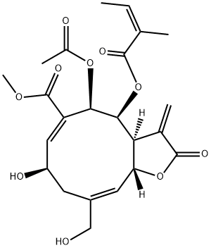 (3aS,4S,5R,6E,8R,10E,11aR)-5-Acetoxy-2,3,3a,4,5,8,9,11a-octahydro-8-hydroxy-10-hydroxymethyl-3-methylene-4-[[(Z)-2-methyl-1-oxo-2-butenyl]oxy]-2-oxocyclodeca[b]furan-6-carboxylic acid methyl ester 结构式