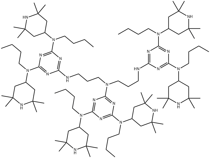 N2,N2-bis[3-[[4,6-bis[butyl(2,2,6,6-tetramethyl-4-piperidyl)amino]-1,3,5-triazin-2-yl]amino]propyl]-N4,N6-dibutyl-N4,N6-bis(2,2,6,6-tetramethyl-4-piperidyl)-1,3,5-triazine-2,4,6-triamine 结构式