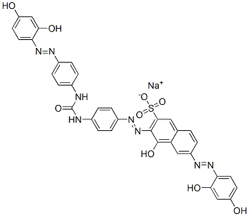4-Hydroxy-6-[(2,4-dihydroxyphenyl)azo]-3-[[4-[3-[4-[(2,4-dihydroxyphenyl)azo]phenyl]ureido]phenyl]azo]naphthalene-2-sulfonic acid sodium salt 结构式