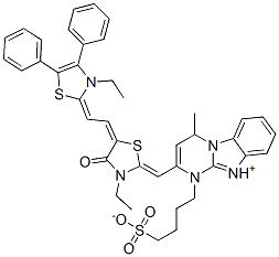 2-[[3-ethyl-5-[(3-ethyl-4,5-diphenyl-(3H)-thiazol-2-ylidene)ethylidene]-4-oxothiazolidin-2-ylidene]methyl]-4-methyl-1-(4-sulphonatobutyl)pyrimido[1,2-a]benzimidazolium 结构式