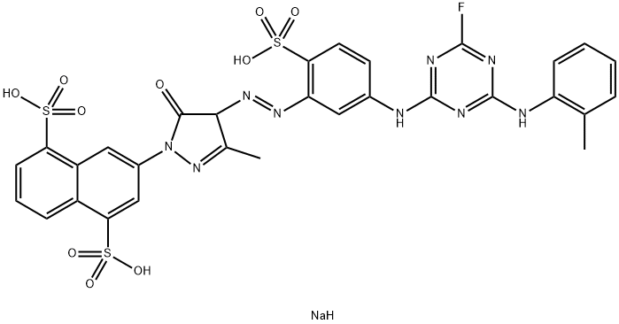 trisodium 3-[4-[[5-[[4-fluoro-6-[(o-tolyl)amino]-1,3,5-triazin-2-yl]amino]-2-sulphonatophenyl]azo]-4,5-dihydro-3-methyl-5-oxo-1H-pyrazol-1-yl]naphthalene-1,5-disulphonate 结构式