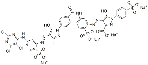 1H-Pyrazole-3-carboxylic acid, 5-hydroxy-4-[[5-[[4-[5-hydroxy-3-methyl-4-[[2-sulfo-5-[(2,5,6-trichloro-4-pyrimidinyl)amino]phenyl]azo]-1H-pyrazol-1-yl]benzoyl]amino]-2-sulfophenyl]azo]-1-(4-sulfophenyl)-, tetrasodium salt 结构式