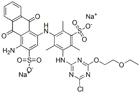 disodium 1-amino-4-[[3-[[4-chloro-6-(2-ethoxyethoxy)-1,3,5-triazin-2-yl]amino]-2,4,6-trimethyl-5-sulphonatophenyl]amino]-9,10-dihydro-9,10-dioxoanthracene-2-sulphonate 结构式