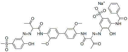 sodium 3-benzamido-4-hydroxy-5-[[1-[[4'-[[2-[[2-hydroxy-5-(methylsulphonyl)phenyl]azo]-1,3-dioxobutyl]amino]-3,3'-dimethoxy[1,1'-biphenyl]-4-yl]carbamoyl]-2-oxopropyl]azo]benzenesulphonate 结构式