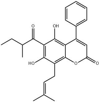 5,7-Dihydroxy-8-(3-methyl-2-butenyl)-6-(2-methylbutyryl)-4-phenyl-2H-1-benzopyran-2-one 结构式