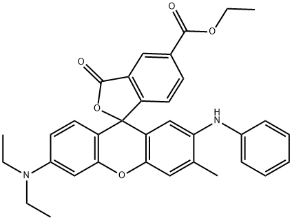 6'-(Diethylamino)-3'-methyl-3-oxo-2'-(phenylamino)spiro[isobenzofuran-1(3H),9'-[9H]xanthene]-5-carboxylic acid ethyl ester 结构式