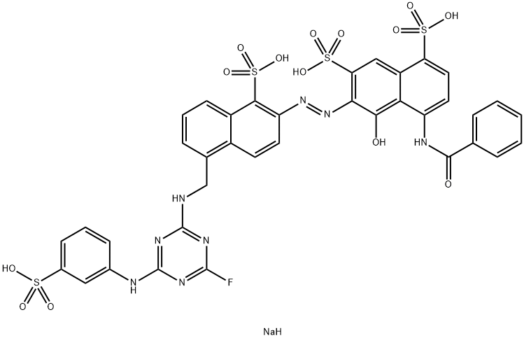 1-Hydroxy-8-benzoylamino-2-[1-sulfo-5-[4-fluoro-6-(3-sulfoanilino)-1,3,5-triazin-2-yl]aminomethyl-2-naphtylazo]-3,5-naphthalenedisulfonic acid tetrasodium salt 结构式