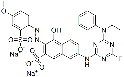 disodium 7-[[4-(ethylphenylamino)-6-fluoro-1,3,5-triazin-2-yl]amino]-4-hydroxy-3-[(4-methoxy-2-sulphonatophenyl)azo]naphthalene-2-sulphonate 结构式