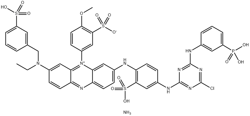 Phenazinium, 3-[[4-[[4-chloro-6-[(3-phosphonophenyl)amino]-1,3,5-triazin-2-yl]amino]-2-sulfophenyl]amino]-7-[ethyl[(3-sulfophenyl)methyl]amino]-5-(4-methoxy-3-sulfophenyl)-, hydroxide, inner salt, triammonium salt 结构式