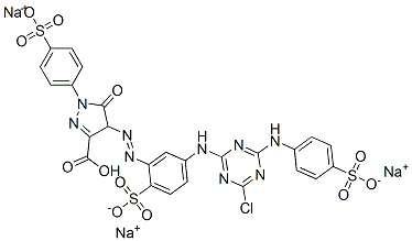 trisodium hydrogen 4-[[5-[[4-chloro-6-[(4-sulphonatophenyl)amino]-1,3,5-triazin-2-yl]amino]-2-sulphonatophenyl]azo]-4,5-dihydro-5-oxo-1-(4-sulphonatophenyl)-1H-pyrazole-3-carboxylate 结构式