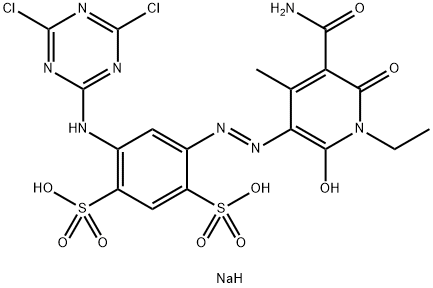 4-[[5-(氨基羰基)-1-乙基-1,6-二氢-2-羟基-4-甲基-6-氧代-3-吡啶基]偶氮]-6-[(4,6-二氯-1,3,5-三嗪-2-基)氨基]-1,3-苯二磺酸二钠盐 结构式