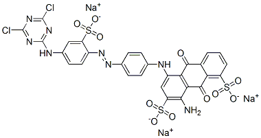 trisodium 8-amino-5-[[4-[[4-[(4,6-dichloro-1,3,5-triazin-2-yl)amino]-2-sulphonatophenyl]azo]phenyl]amino]-9,10-dihydro-9,10-dioxoanthracene-1,7-disulphonate 结构式