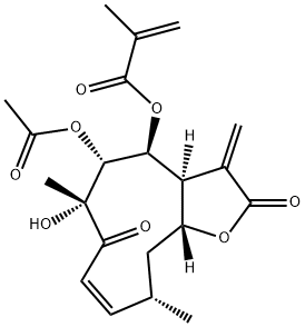 2-Methylpropenoic acid [(3aS,4S,5R,6R,8Z,10S,11aR)-5-acetoxy-2,3,3a,4,5,6,7,10,11,11a-decahydro-6-hydroxy-6,10-dimethyl-3-methylene-2,7-dioxocyclodeca[b]furan-4-yl] ester 结构式