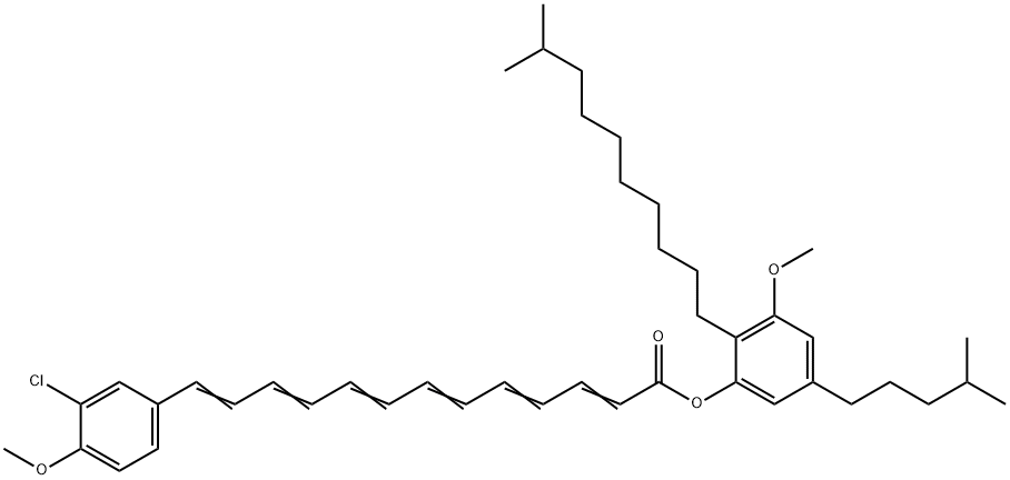 13-(3-Chloro-4-methoxyphenyl)-2,4,6,8,10,12-tridecahexaenoic acid 3-methoxy-2-(9-methyldecyl)-5-(4-methylpentyl)phenyl ester 结构式