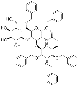 苄基 O-6-脱氧-2,3,4-三-O-(苯基甲基)-ALPHA-L-吡喃半乳糖基-(1-3)-O-[BETA-D-吡喃半乳糖基-(1-4)]-2-(乙酰氨基)-2-脱氧-6-O-(苯基甲基)-ALPHA-D-吡喃葡萄糖苷 结构式