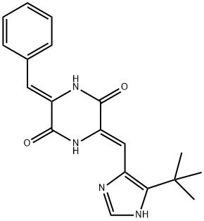 (3Z,6Z)-3-[(5-叔丁基-1H-咪唑-4-基)亚甲基]-6-(苯亚甲基)-2,5-哌嗪二酮 结构式