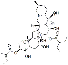 Cevane-3,4,7,14,15,16,20-heptol, 4,9-epoxy-, 15-(2-ethylbutanoate) 3-(2-methyl-2-butenoate), 3.beta.(Z),4.alpha.,7.alpha.,15.alpha.(R),16.beta.- 结构式