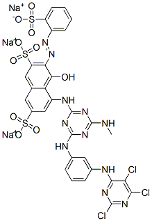 4-羟基-5-[[4-(甲氨基)-6-[[3-[(2,5,6-三氯-4-嘧啶基)氨基]苯基]氨基]-1,3,5,-三嗪-2-基]氨基]-3-[(2-磺酸苯基)偶氮]萘-2,7-二磺酸三钠 结构式