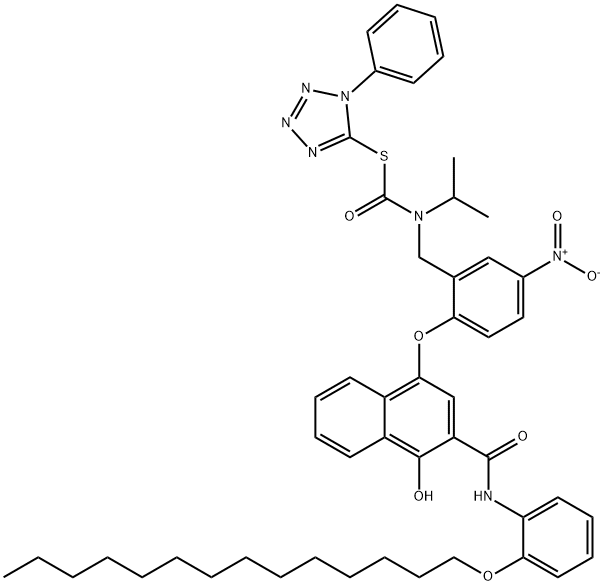 Carbamothioic acid, [[2-[[4-hydroxy-3-[[[2-(tetradecyloxy) phenyl]amino]carbonyl]-1-naphthalenyl ]oxy]-5-nitrophenyl]methyl](1-methylethyl)-, S-(1-phenyl-1H-tetrazol-5-yl) ester 结构式