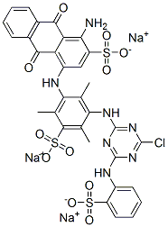 trisodium 1-amino-4-[[3-[[4-chloro-6-[(sulphonatophenyl)amino]-1,3,5-triazin-2-yl]amino]-2,4,6-trimethyl-5-sulphonatophenyl]amino]-9,10-dihydro-9,10-dioxoanthracene-2-sulphonate 结构式