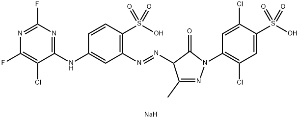 2,5-二氯-4-[4-[[5-[(5-氯-2,6-二氟-4-嘧啶基)氨基]-2-磺酸苯基]偶氮]-4,5-二氢-3-甲基-5-氧代-1H-吡唑-1-基]苯磺酸二钠 结构式