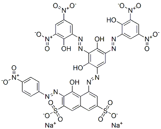 5-[[2,4-Dihydroxy-3,5-bis[(2-hydroxy-3,5-dinitrophenyl)azo]phenyl]azo]-4-hydroxy-3-[(4-nitrophenyl)azo]-2,7-naphthalenedisulfonic acid disodium salt 结构式