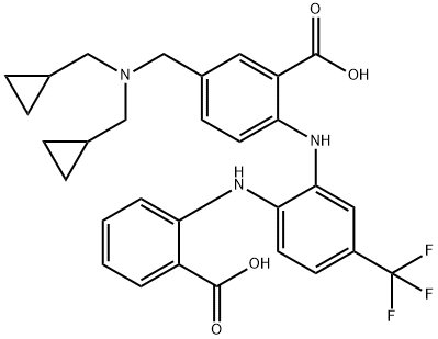 Benzoic  acid,  5-[[bis(cyclopropylmethyl)amino]methyl]-2-[[2-[(2-carboxyphenyl)amino]-5-(trifluoromethyl)phenyl]amino]- 结构式