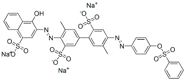 4'-((1-Hydroxy-4-sulfo-2-naphthalenyl)azo)-5,5'-dimethyl-4-((4- ((phenylsulfonyl)oxy)phenyl)azo)- (1,1'-biphenyl)-2,3'-disulfonate trisodium salt 结构式