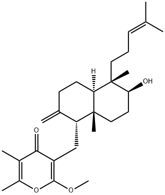 3-[[Decahydro-6-hydroxy-5,8a-dimethyl-2-methylene-5-(4-methyl-3-pentenyl)naphthalen-1-yl]methyl]-2-methoxy-5,6-dimethyl-4H-pyran-4-one 结构式