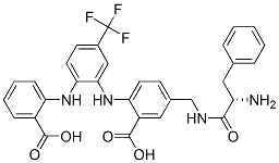 Benzoic  acid,  5-[[[(2S)-2-amino-1-oxo-3-phenylpropyl]amino]methyl]-2-[[2-[(2-carboxyphenyl)amino]-5-(trifluoromethyl)phenyl]amino]- 结构式