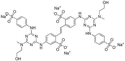 tetrasodium 4,4'-bis[[4-[(2-hydroxyethyl)methylamino]-6-[(4-sulphonatophenyl)amino]-1,3,5-triazin-2-yl]amino]stilbene-2,2'-disulphonate 结构式