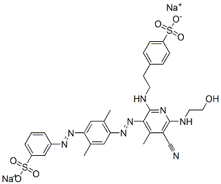3-[[4-[[5-氰基-6-[(2-羟乙基)氨基]-4-甲基-2-[[2-(4-磺酰基)乙基]氨基]-3-吡啶基]偶氮]2,5-二甲基苯基]偶氮]苯磺酸二钠盐 结构式