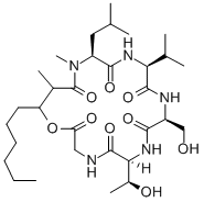 Glycine, N-(N-(N-(N-(N-(3-hydroxy-2-methyl-1-oxononyl)-N-methyl-L-leuc yl)-L-valyl)-L-seryl)-L-allothreonyl)-, rho-lactone 结构式