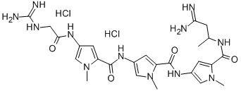 1H-Pyrrole-2-carboxamide, 4-(((4-((((aminoiminomethyl)amino)acetyl)ami no)-1-methyl-1H-pyrrol-2-yl)carbonyl)amino)-N-(5-(((2-(aminoiminomethy l)-1-methylethyl)amino)carbonyl)-1-methyl-1H-pyrrol-3-yl)-1-methyl-, d ihydrochloride 结构式