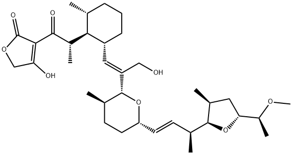 5-hydroxy-4-[(2S)-2-[(1R,2S,6R)-2-[(E)-3-hydroxy-2-[(2R,3R,6S)-6-[(E,3S)-3-[(3S,5R)-5-[(1S)-1-methoxyethyl]-3-methyl-oxolan-2-yl]but-1-enyl]-3-methyl-oxan-2-yl]prop-1-enyl]-6-methyl-cyclohexyl]propanoyl]furan-3-one 结构式