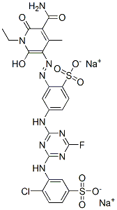 disodium 2-[[5-carbamoyl-1-ethyl-1,6-dihydro-2-hydroxy-4-methyl-6-oxo-3-pyridyl]azo]-4-[[4-[(2-chloro-5-sulphonatophenyl)amino]-6-fluoro-1,3,5-triazin-2-yl]amino]benzenesulphonate 结构式