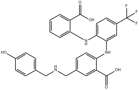 Benzoic  acid,  2-[[2-[(2-carboxyphenyl)amino]-5-(trifluoromethyl)phenyl]amino]-5-[[[(4-hydroxyphenyl)methyl]amino]methyl]- 结构式